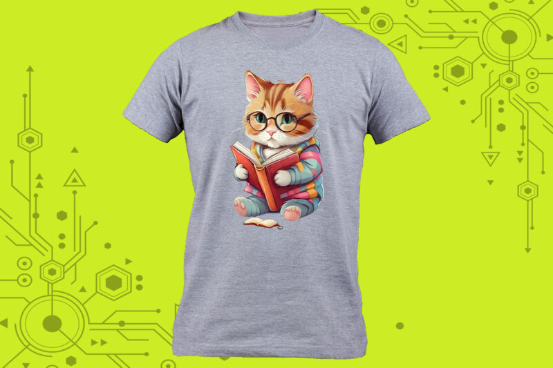 Cozy t-shirt design featuring an adorable cat engrossed in a good book curated specifically for Print on Demand websites