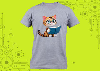Cozy t-shirt design featuring an adorable cat engrossed in a good book curated specifically for Print on Demand websites