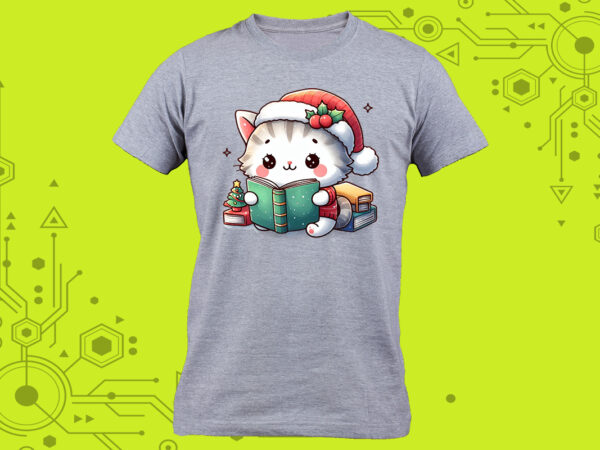 Delightful pocket tshirt design idea: a cat immersed in a book with a charming illustration tailor-made for print on demand platforms