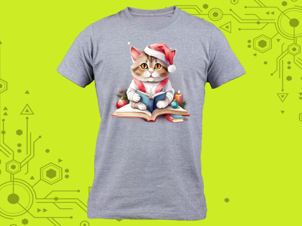 T-shirt design idea a cat immersed in a book with a charming illustration tailor-made for print on demand platforms