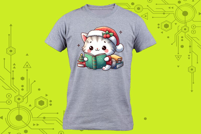 Delightful Pocket Tshirt design idea: A cat immersed in a book with a charming illustration tailor-made for Print on Demand platforms