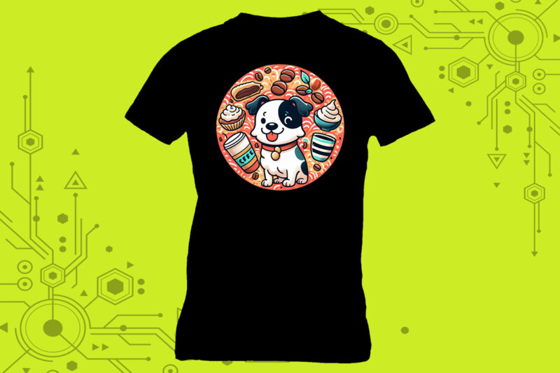 Dog + Coffee Vibes Elevate Your T-Shirt Design with Cute Illustration Clipart made for Print on Demand platforms