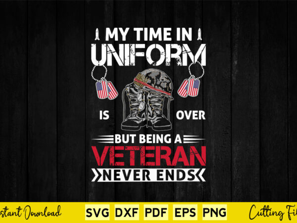 My time in uniform is over but being a veteran never ends svg png printable files. t shirt designs for sale