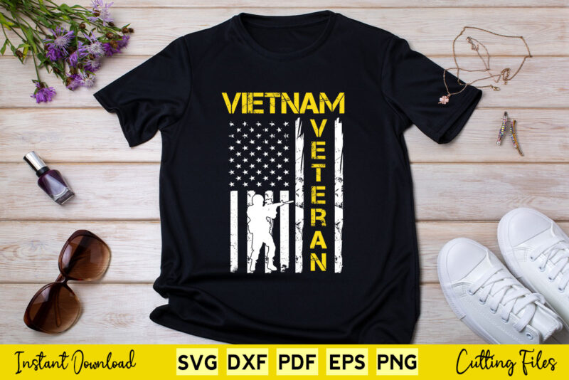 Vietnam Veteran Yellow Text Distressed American Flag Svg Printable Files.