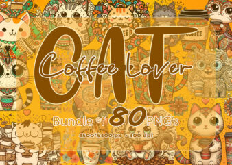 80 Exclusive Clipart Illustration Coffee Lover Cat PNG Bundle Perfect for Print on Demand Business