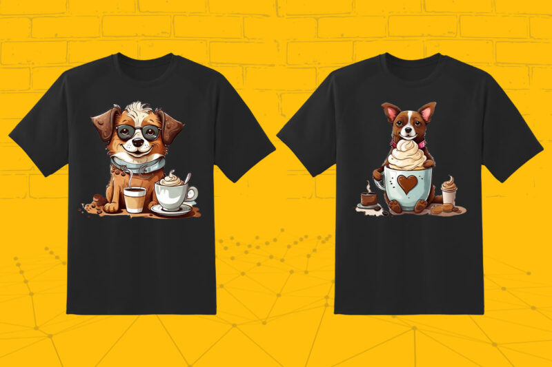 100 T-shirt Design Featuring Kawaii Coffee Lover Dog with Coffee lover vibes meticulously crafted for Print on Demand websites V.2