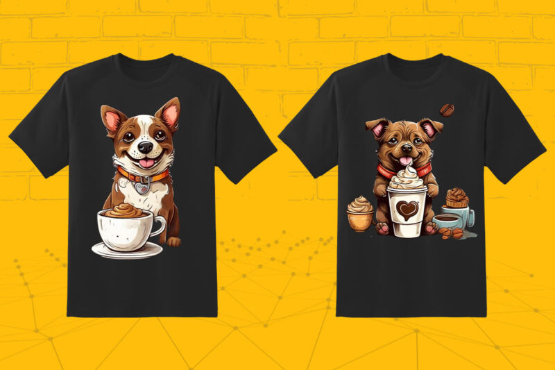 100 T-shirt Design Featuring Kawaii Coffee Lover Dog with Coffee lover vibes meticulously crafted for Print on Demand websites V.2