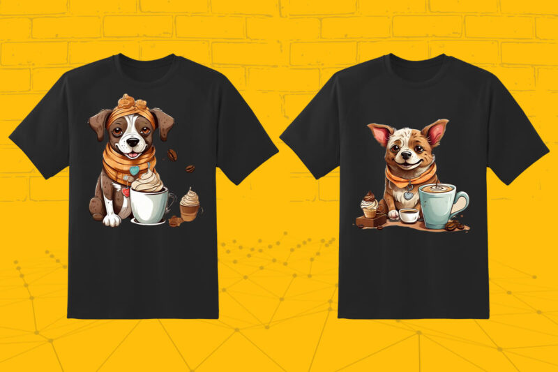 100 T-shirt Design Featuring Kawaii Coffee Lover Dog with Coffee lover vibes meticulously crafted for Print on Demand websites V.2