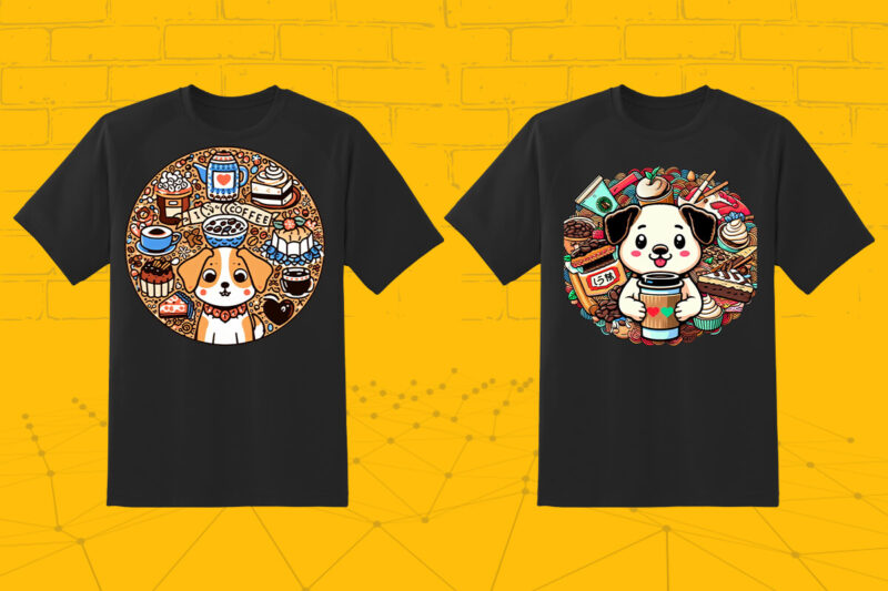 100 T-shirt Design Featuring Kawaii Coffee Lover Dog with Coffee lover vibes meticulously crafted for Print on Demand websites V.2