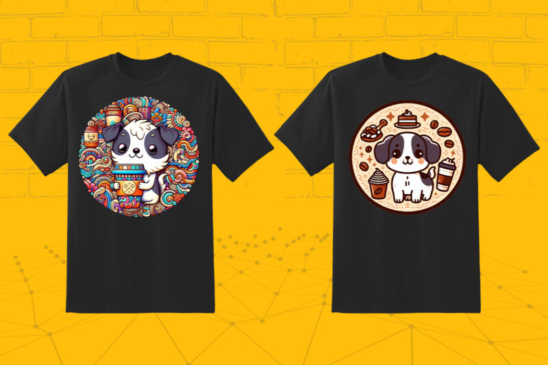 100 T-shirt Design Featuring Kawaii Coffee Lover Dog with Coffee lover vibes meticulously crafted for Print on Demand websites V.2