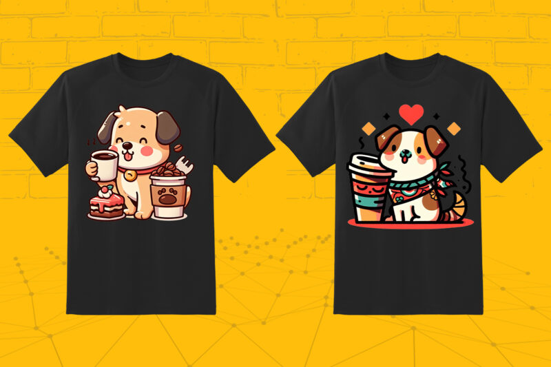 100 T-shirt Design Featuring Kawaii Coffee Lover Dog with Coffee lover vibes meticulously crafted for Print on Demand websites V.2