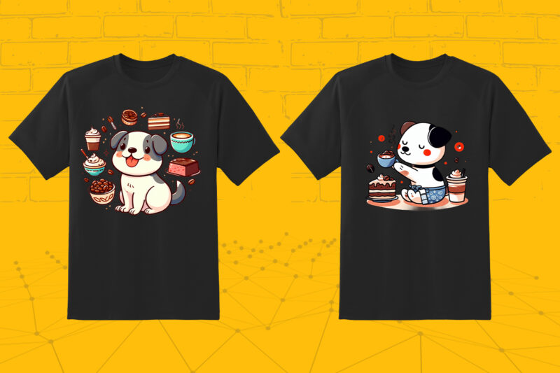 100 T-shirt Design Featuring Kawaii Coffee Lover Dog with Coffee lover vibes meticulously crafted for Print on Demand websites V.2