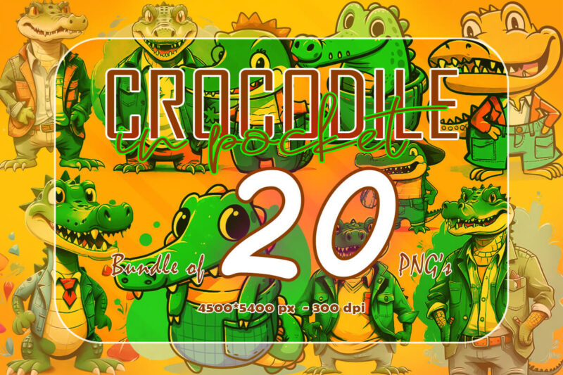 Crocodile In Pocket Funny Art 20 PNG Clipart Illustration Bundle