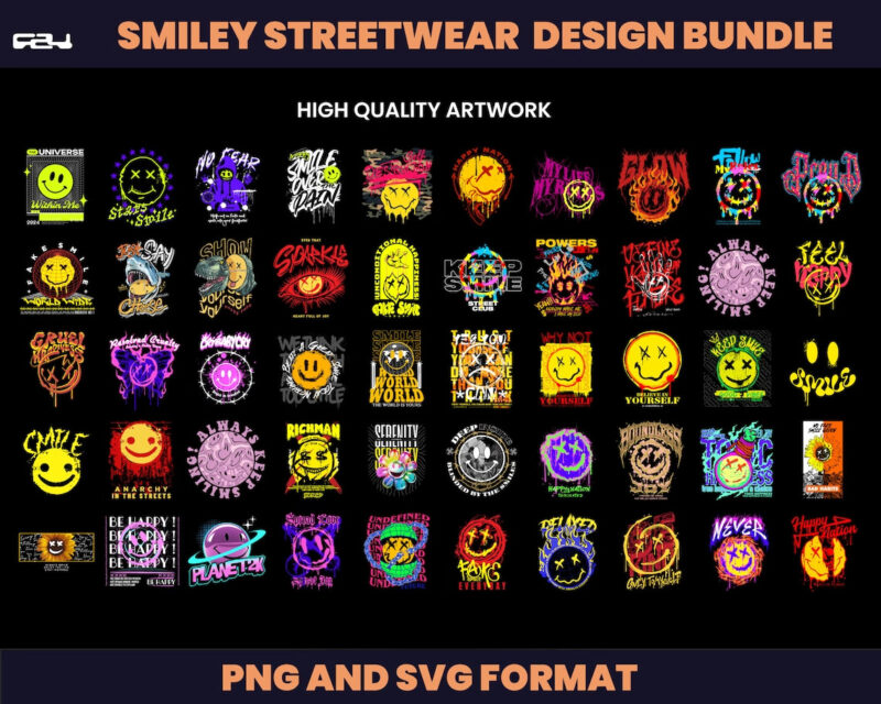 50 Smiley Urban Streetwear Designs, T-shirt Design bundle, Streetwear Designs, Shirt Design, Urban Shirt designs, Graphics shirt, DTF, DTG