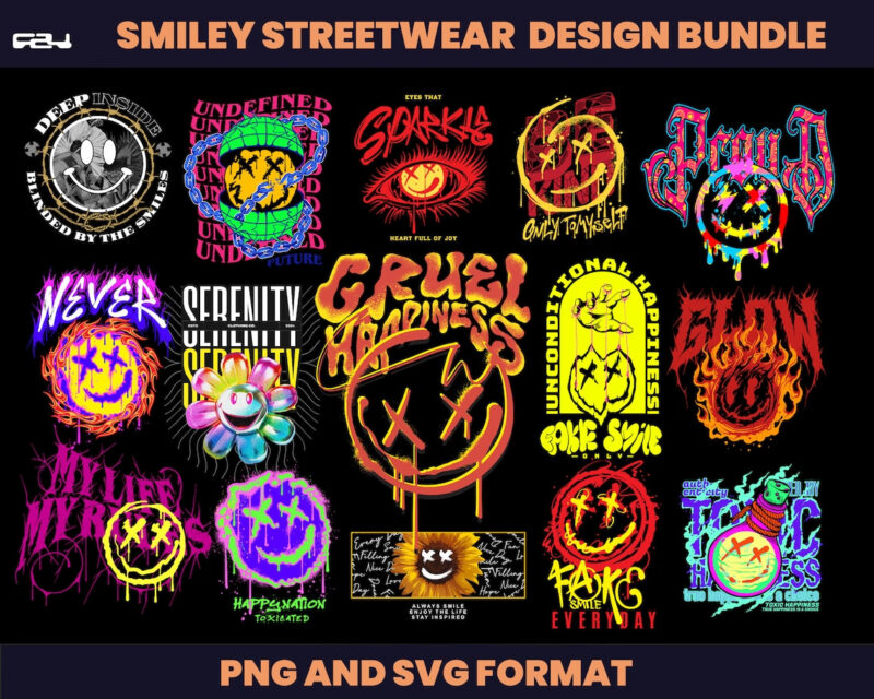 50 Smiley Urban Streetwear Designs, T-shirt Design bundle, Streetwear Designs, Shirt Design, Urban Shirt designs, Graphics shirt, DTF, DTG