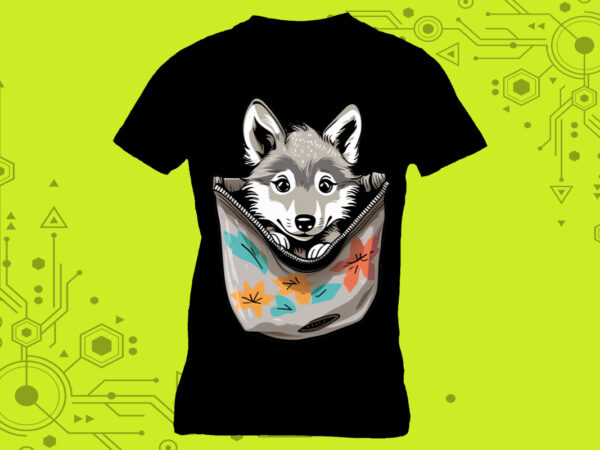 Pocket-sized wolf tailor-made for print on demand websites t shirt illustration