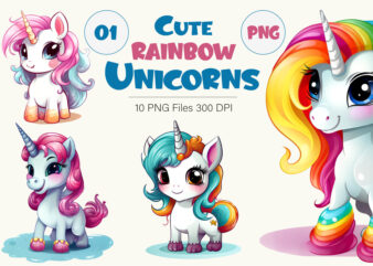Cute rainbow unicorns 01. PNG Bundle.