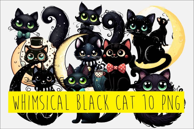 Whimsical Black Cat PNG Sublimation