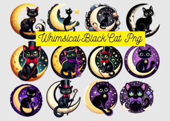 Whimsical Black Cat PNG Sublimation t shirt design for sale