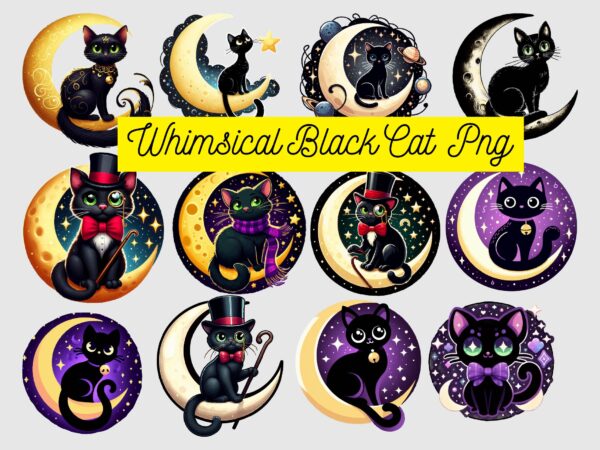 Whimsical black cat png sublimation t shirt design for sale