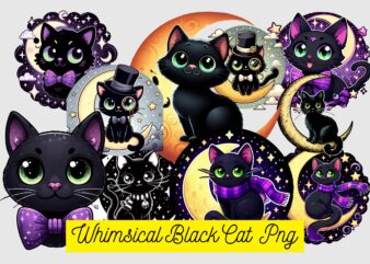 Whimsical Black Cat PNG Sublimation t shirt design for sale