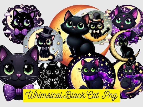 Whimsical black cat png sublimation t shirt design for sale
