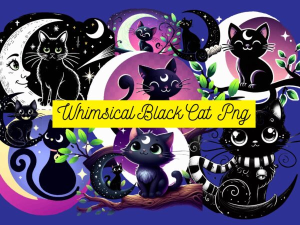 Whimsical black cat png sublimation t shirt design for sale