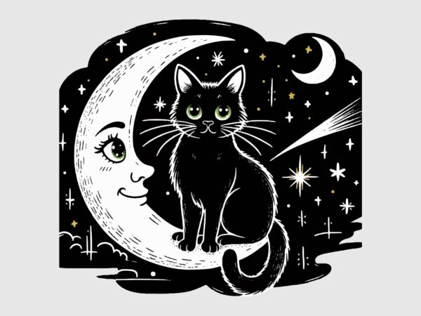 Whimsical black cat png sublimation t shirt design for sale