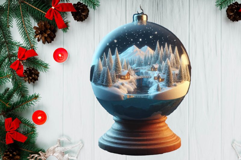 3D Snowy Landscape Globe Xmas Ornament PNG Sublimation