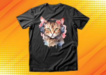 Watercolor cat listening a music t shirt design for sale