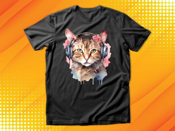 Watercolor cat listening a music t shirt design for sale