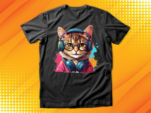 Cute cat wearing glasses and headset t shirt vector file