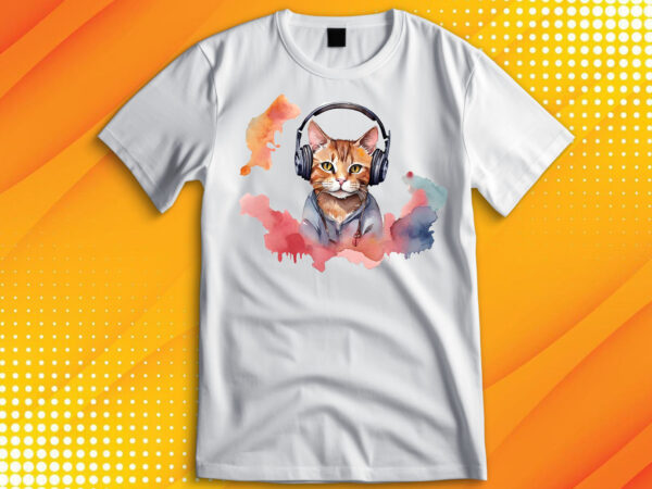 Watercolor cat listening a music t shirt design for sale