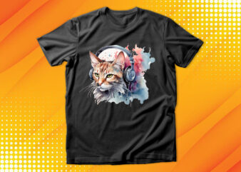 Watercolor cat listening a music t shirt design for sale