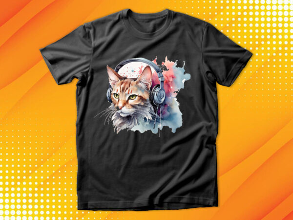 Watercolor cat listening a music t shirt design for sale