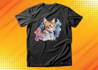 Watercolor cat listening a music t shirt design for sale