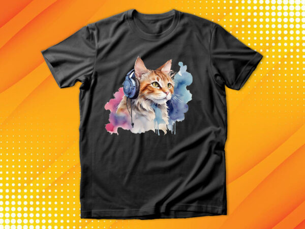 Watercolor cat listening a music t shirt design for sale