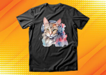 Watercolor cat listening a music t shirt design for sale