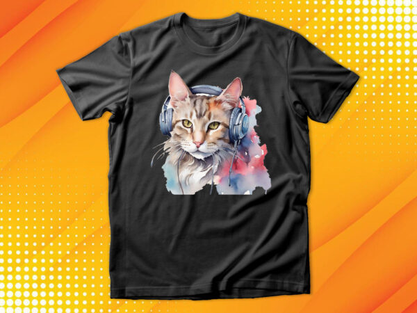 Watercolor cat listening a music t shirt design for sale