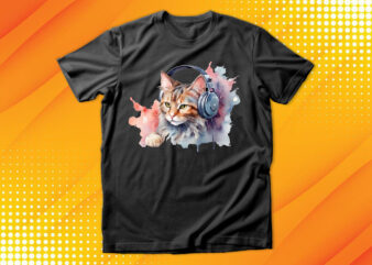 Watercolor cat listening a music t shirt design for sale