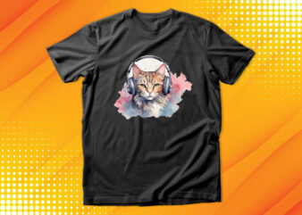 Watercolor cat listening a music t shirt design for sale