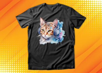 Watercolor cat listening a music t shirt design for sale