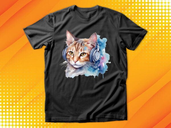 Watercolor cat listening a music t shirt design for sale