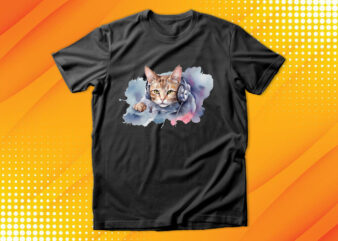 Watercolor cat listening a music t shirt design for sale