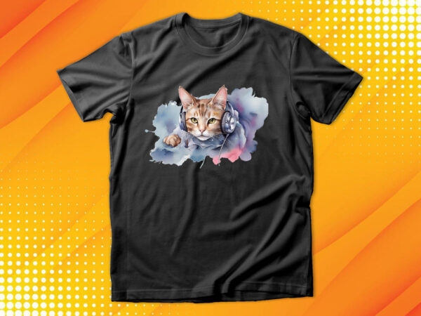 Watercolor cat listening a music t shirt design for sale