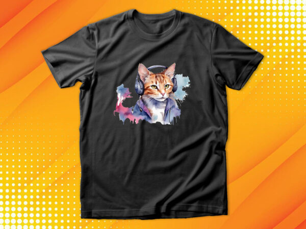 Watercolor cat listening a music t shirt design for sale