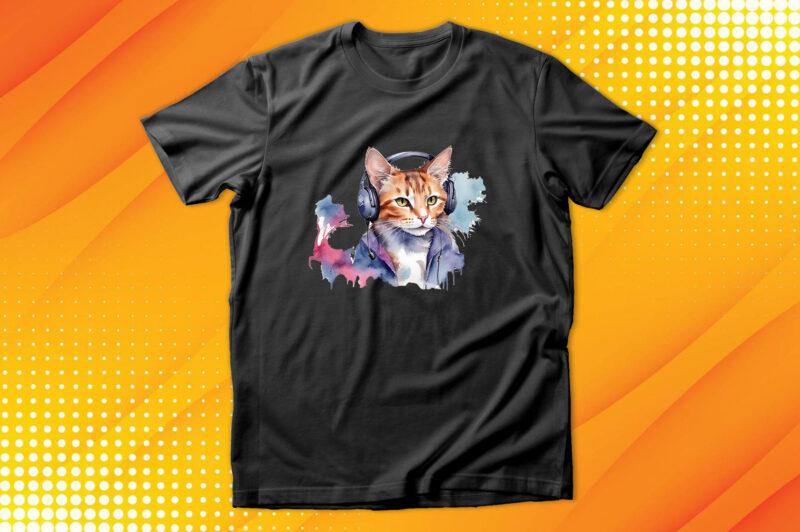 Watercolor cat listening a music