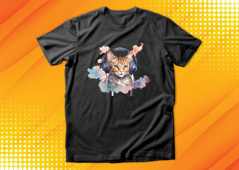 Watercolor cat listening a music t shirt design for sale