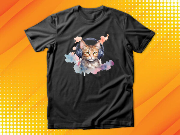 Watercolor cat listening a music t shirt design for sale