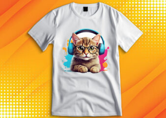 Cute cat wearing Glasses and Headset t shirt vector file